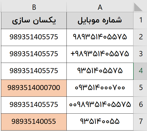 یکسان سازی شماره موبایل در اکسل